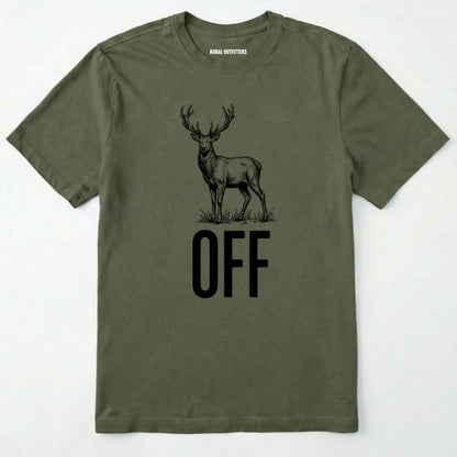 Military Green t-shirt with a deer graphic and 'off' text on a white background