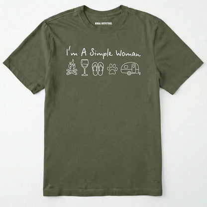 Military Green t-shirt with white text and icons on a white background