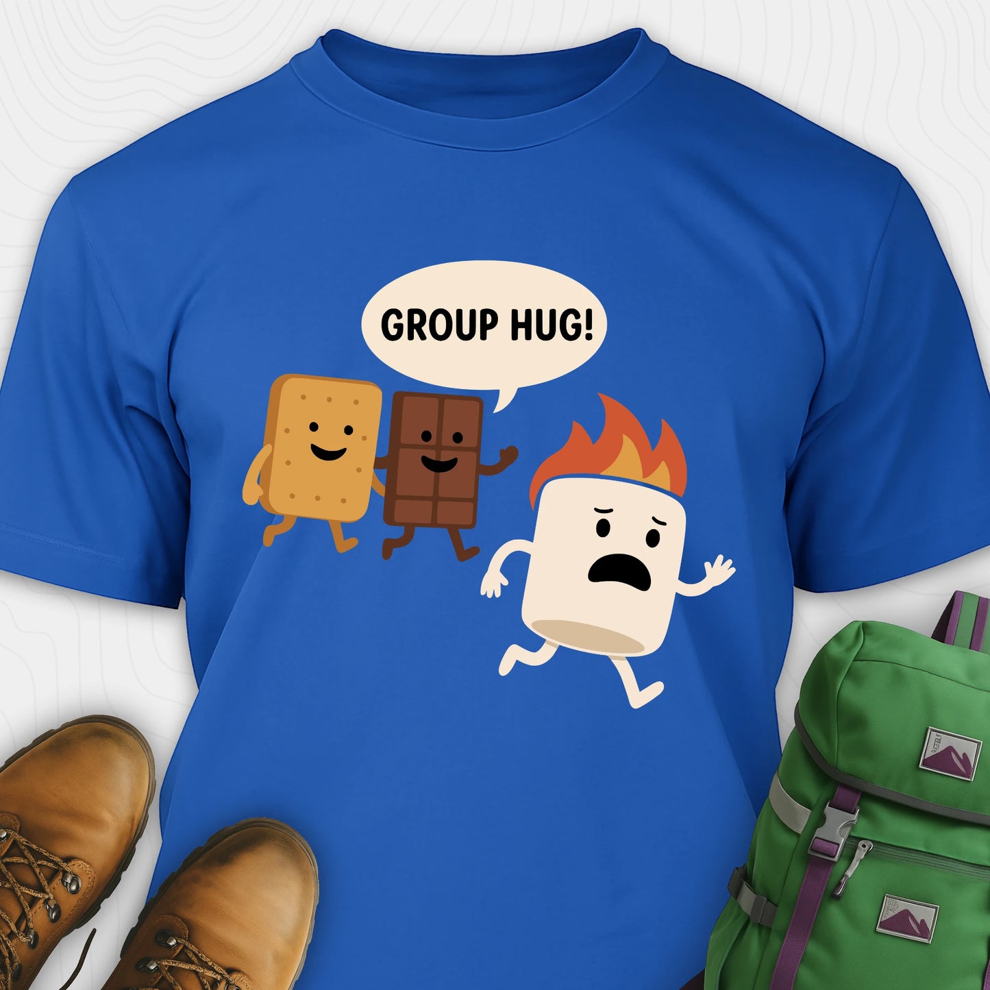 Blue smores shirt with marshmallow chocolate and graham cracker characters with "group hug!" text