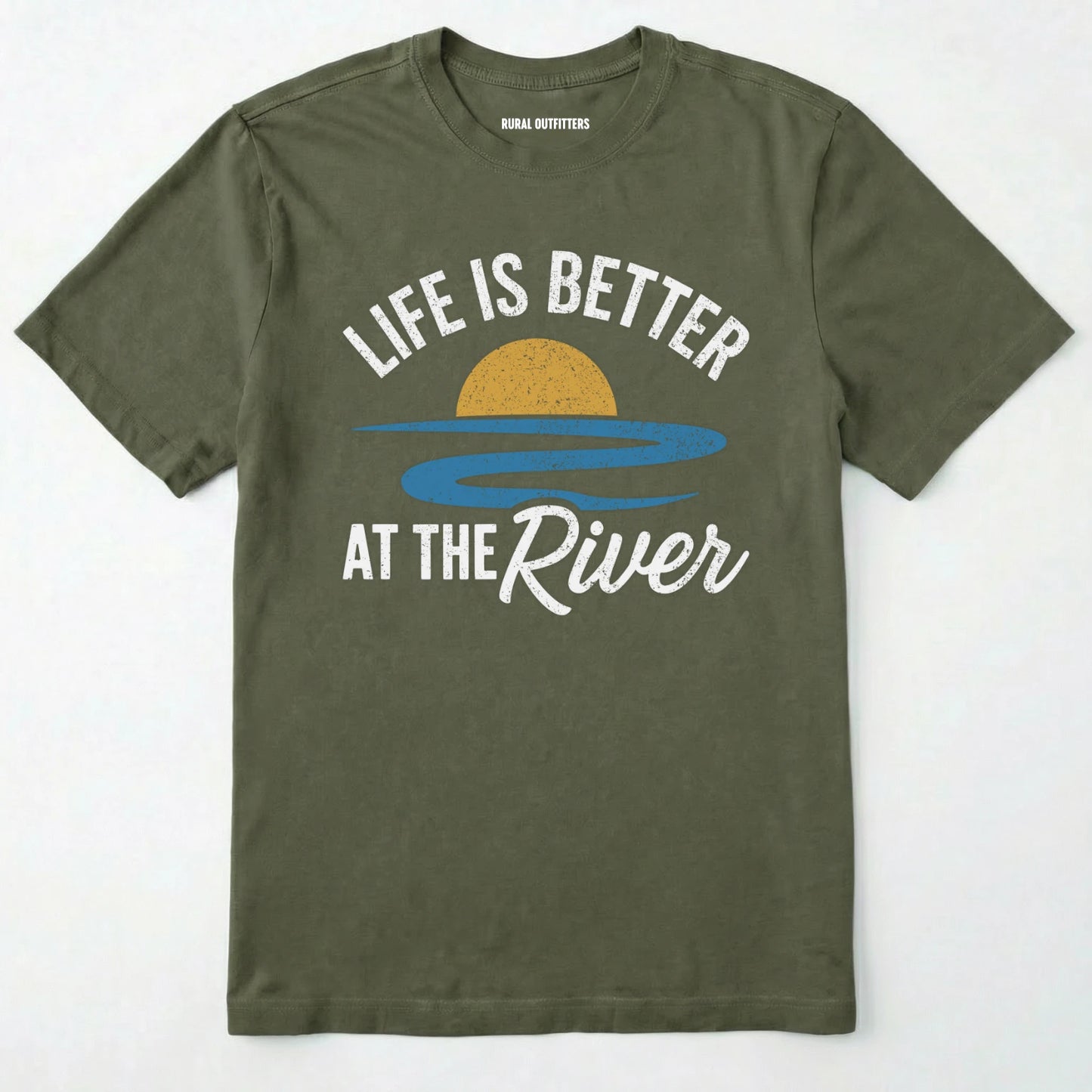 Military Green river shirt with 'life is better at the river' design, paired with brown boots and a green backpack on a light grey background.