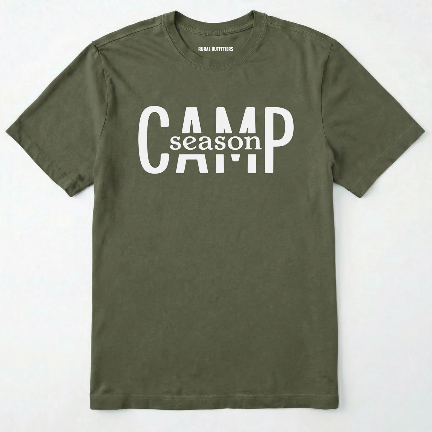 Military Green camp season shirt in simple bold text on a white background.