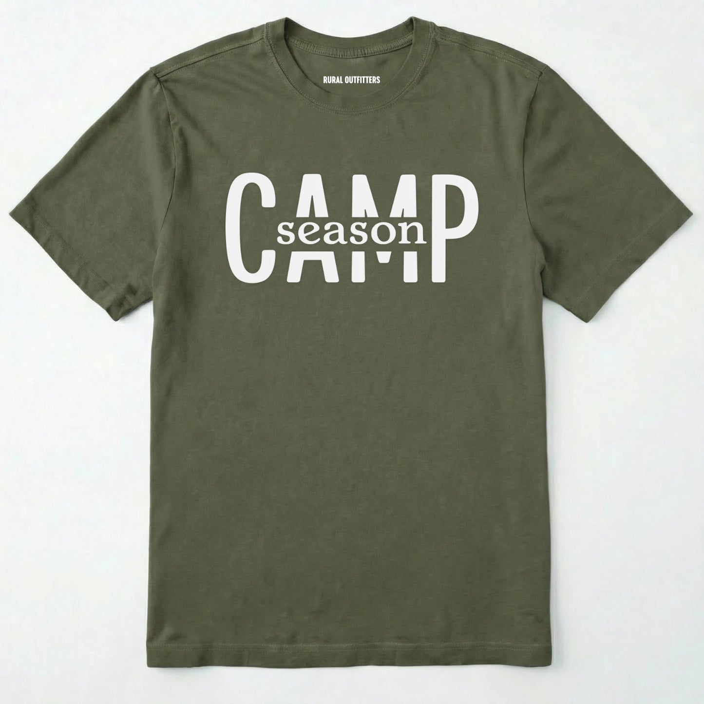 Military Green camp season shirt in simple bold text on a white background.