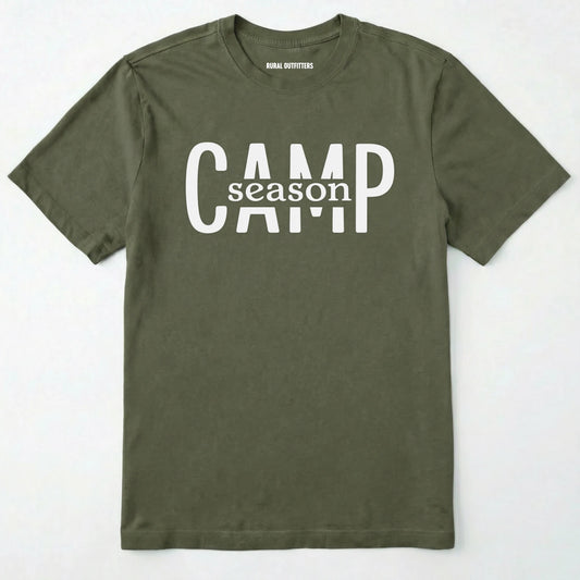 Military Green camp season shirt in simple bold text on a white background.