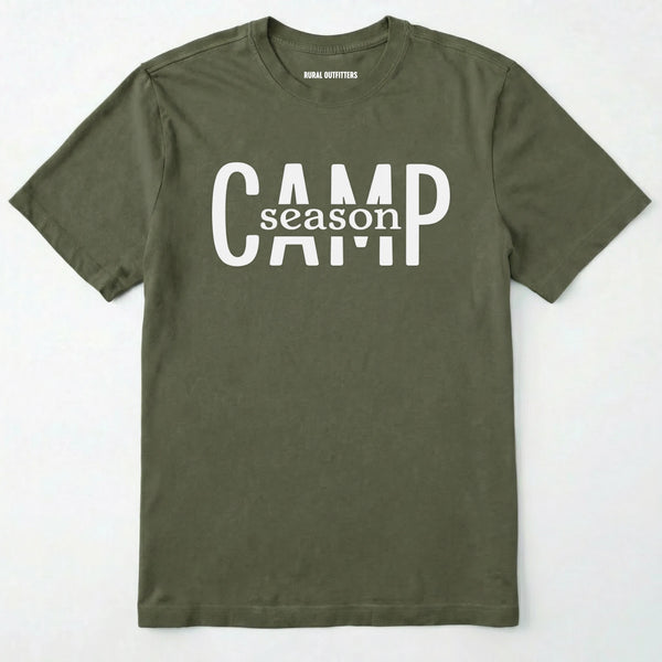 Military Green camp season shirt in simple bold text on a white background.
