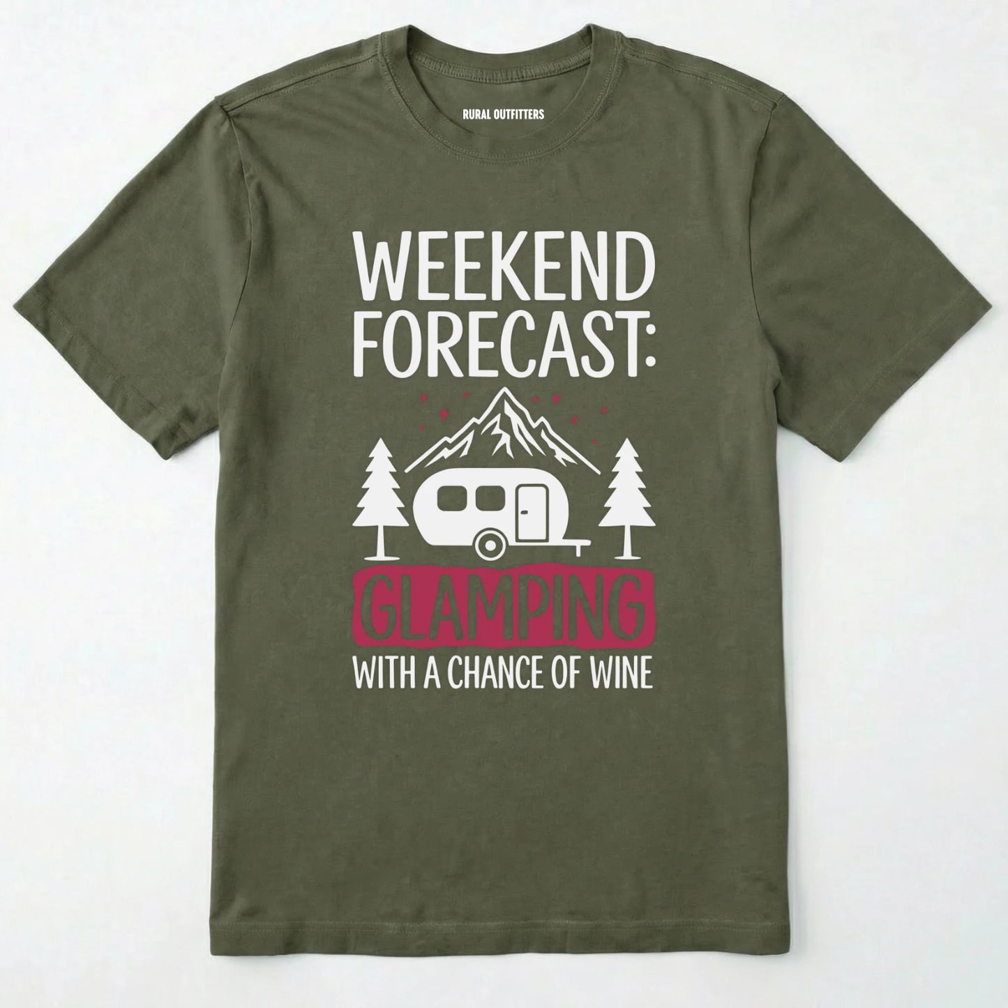Military Green glamping shirt with camping trailer and forest illustration on a white background.