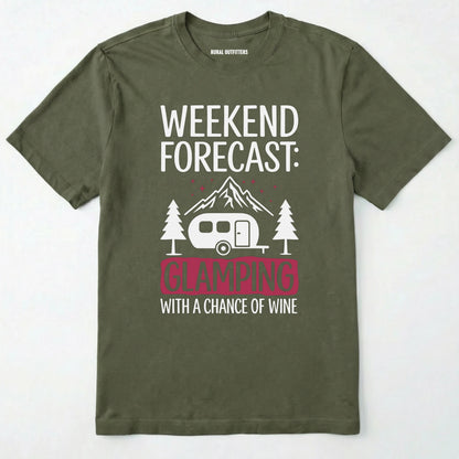 Military Green glamping shirt with camping trailer and forest illustration on a white background.