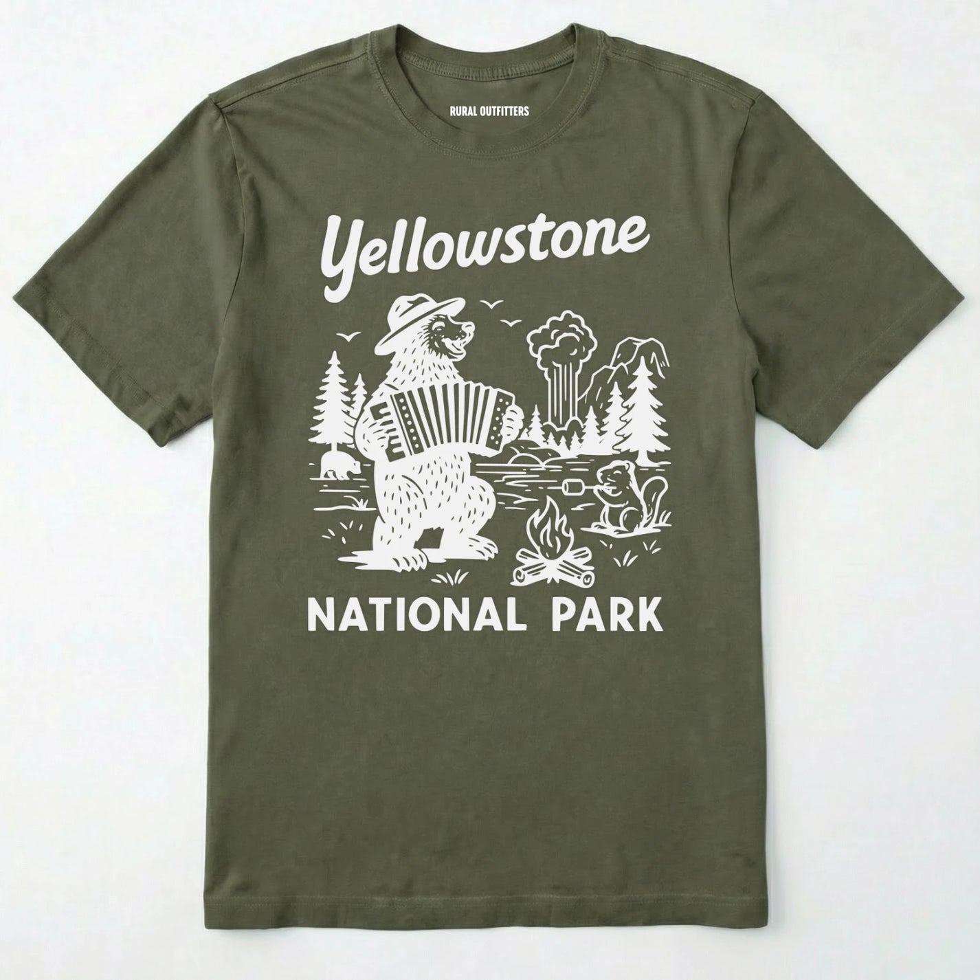 Military Green yellowstone national park t-shirt with a brown bear playing an accordion graphic.