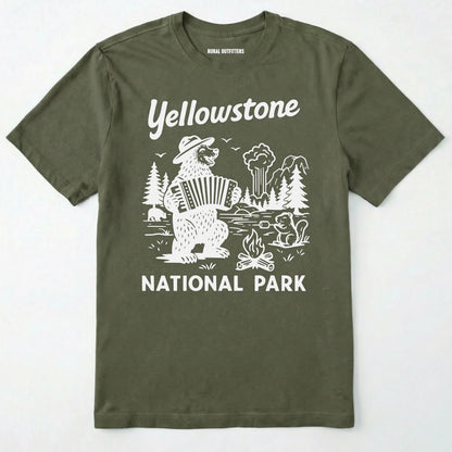 Military Green yellowstone national park t-shirt with a brown bear playing an accordion graphic.