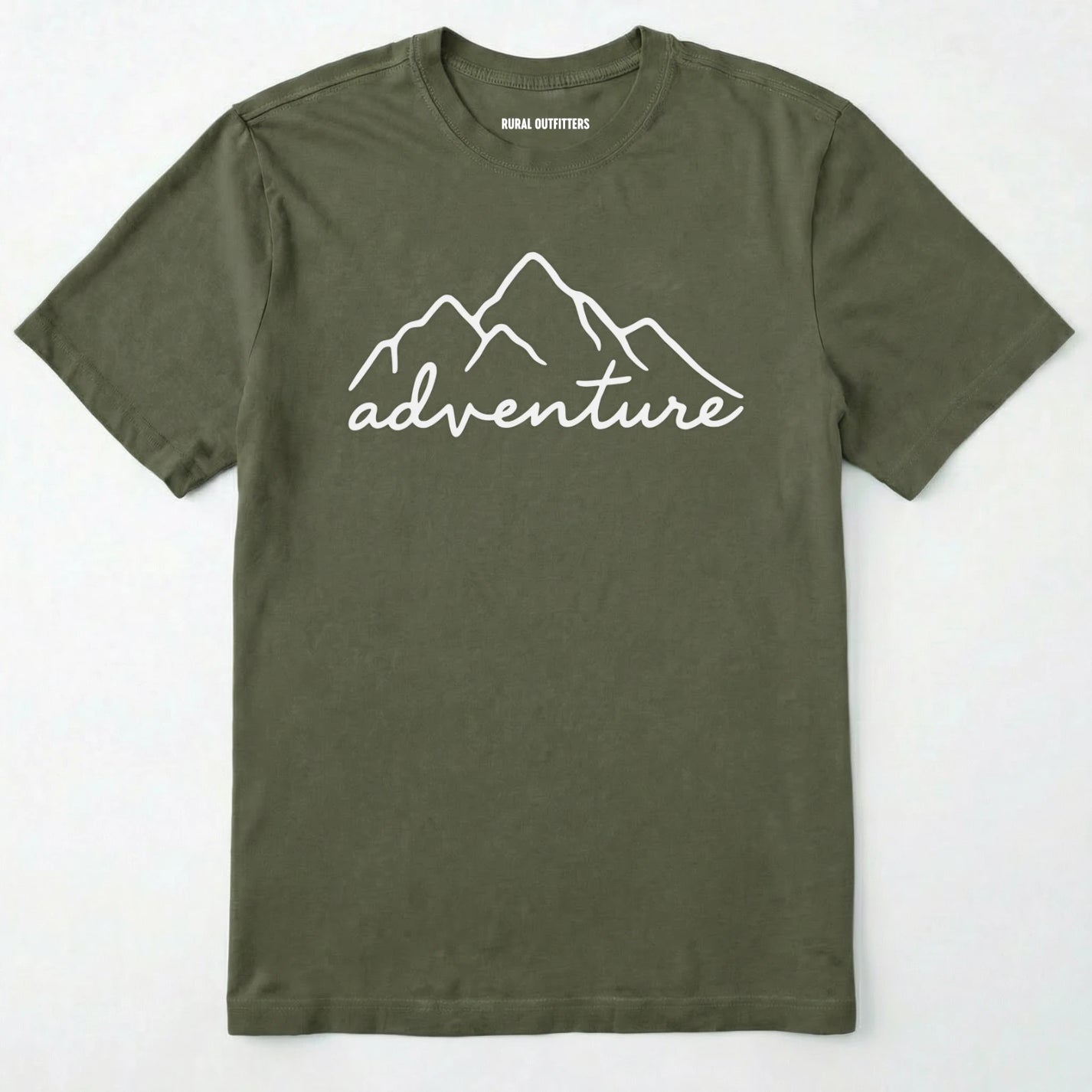 Military Green adventure shirt with mountain design and 'adventure' text on a white background.