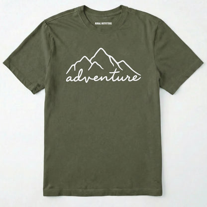 Military Green adventure shirt with mountain design and 'adventure' text on a white background.
