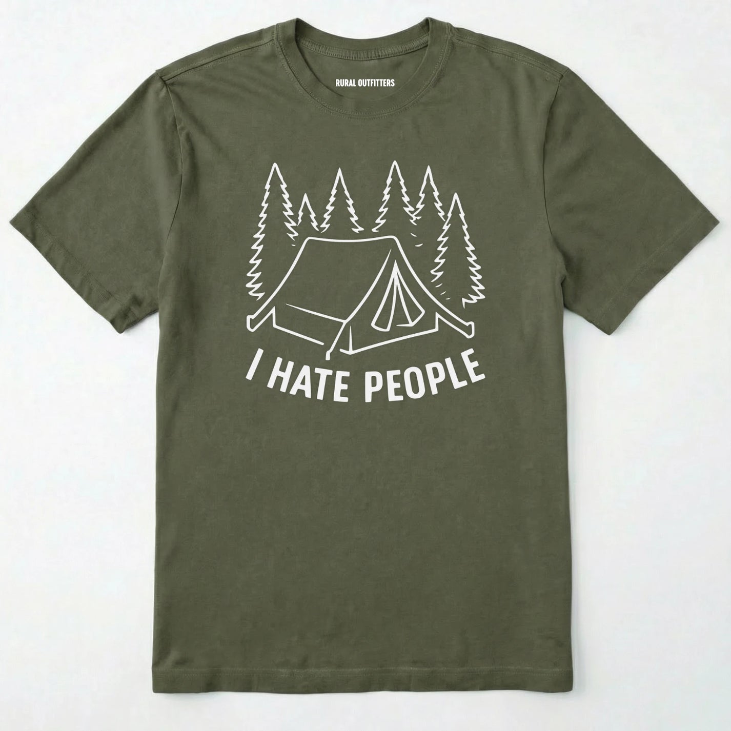 Military Green i hate everybody t-shirt with tent and pine tree graphic on a white background.