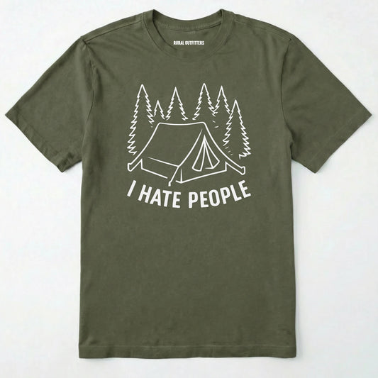 Military Green i hate everybody t-shirt with tent and pine tree graphic on a white background.