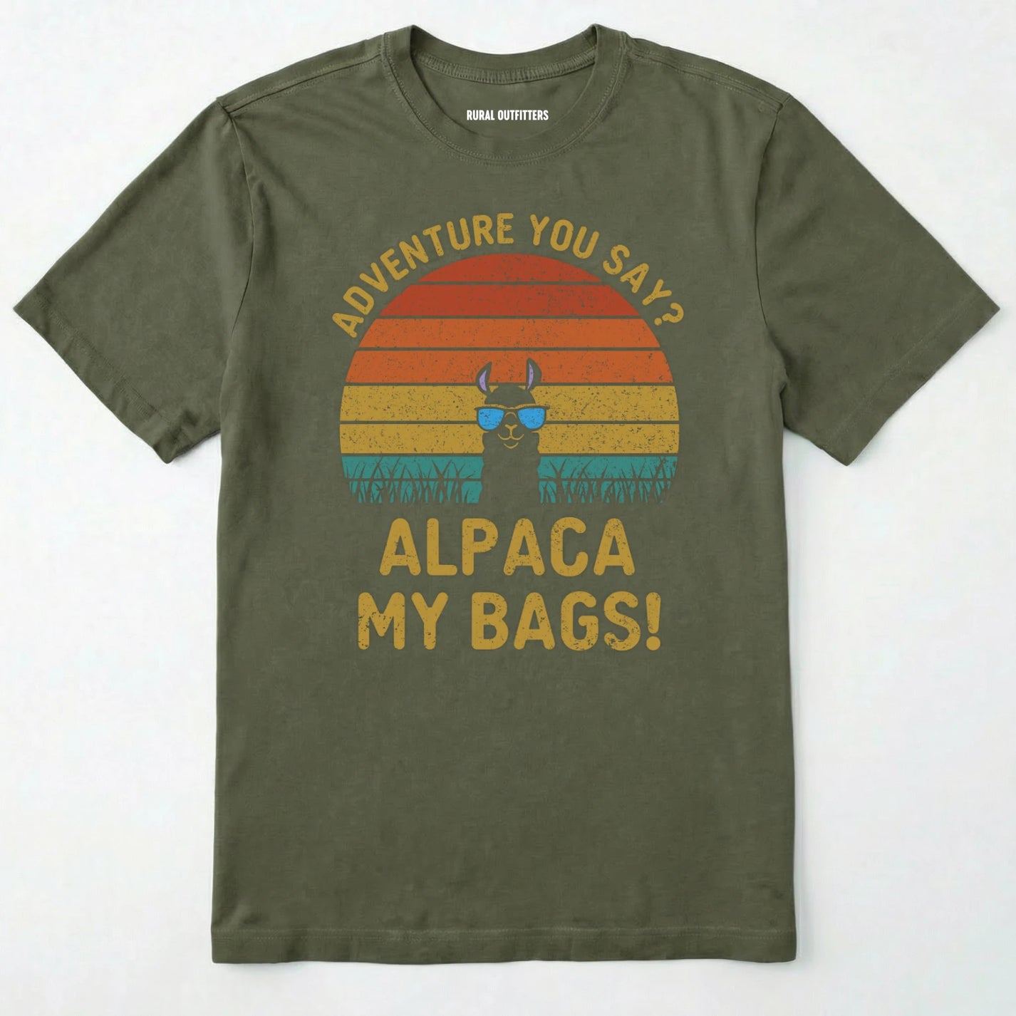 Military Green alpaca my bags shirt with retro sunset and llama graphic on a white background.