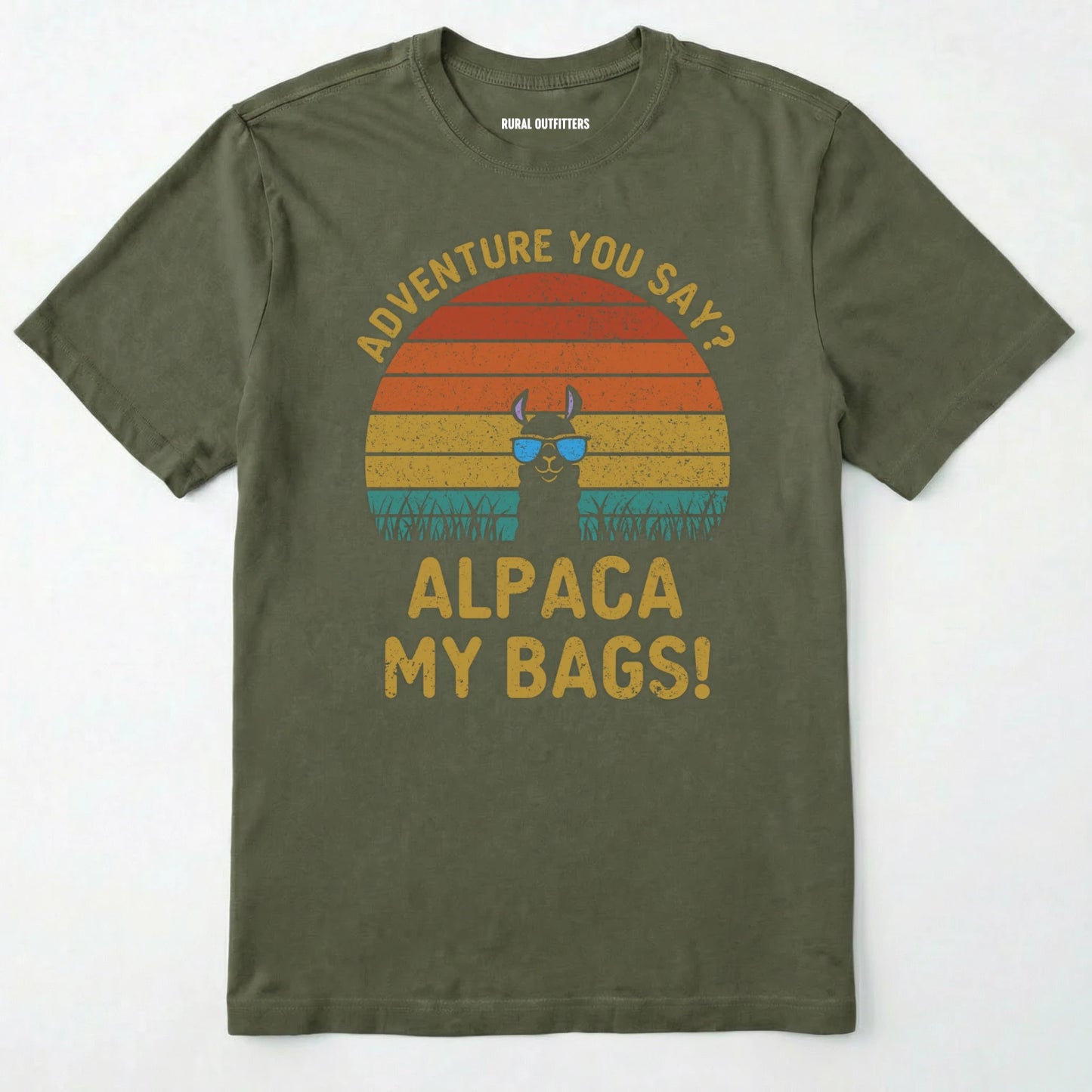 Military Green alpaca my bags shirt with retro sunset and llama graphic on a white background.