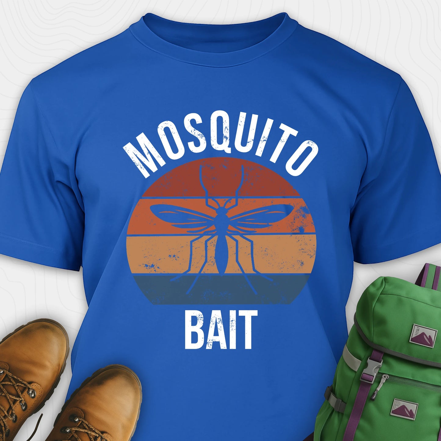 Blue mosquito shirt with 'Mosquito Bait' graphic design on a white background