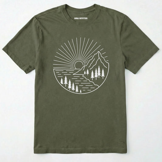Military Green mountain t-shirt with a white line-art design of mountains, trees, and a sunrise on a white background.