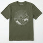 Military Green mountain t-shirt with a white line-art design of mountains, trees, and a sunrise on a white background.