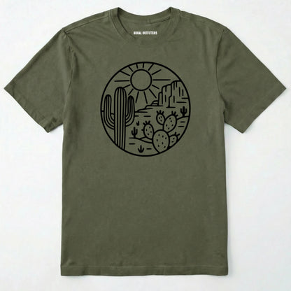 Military Green cactus shirt featuring desert landscape and cactus illustration on a white background.