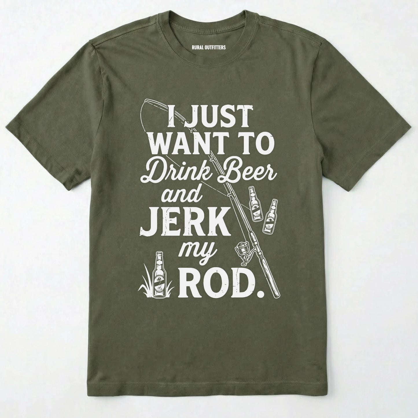Military Green t-shirt with white text and graphics on a white background