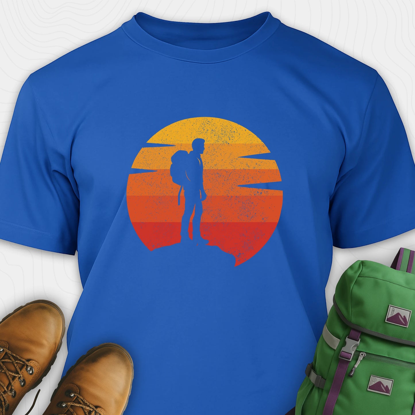 Blue retro sunset t-shirt with hiker silhouette