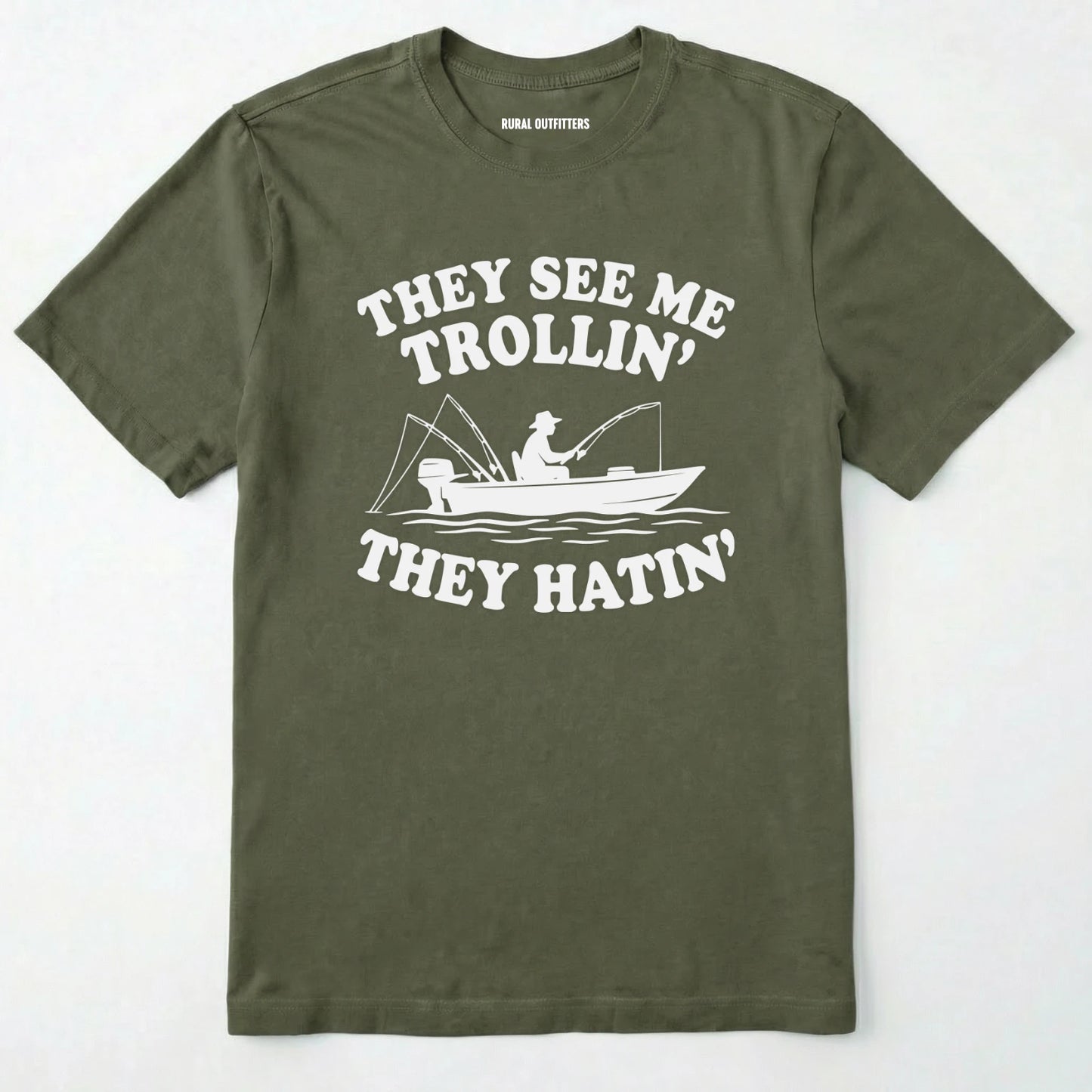 Military Green t-shirt with white graphic and text on a white background