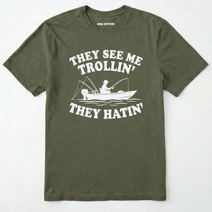 Military Green t-shirt with white graphic and text on a white background