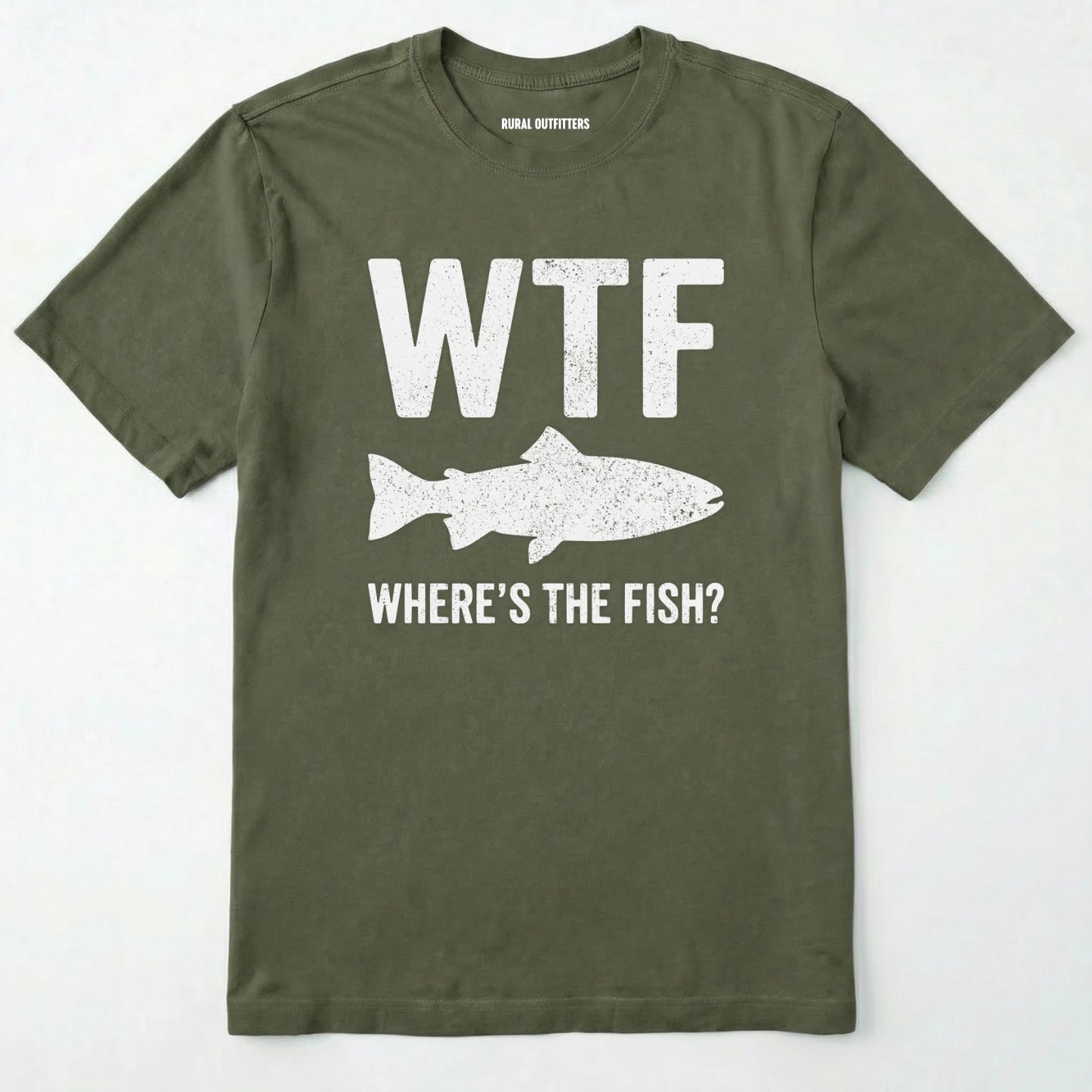 Military Green t-shirt with white text and fish graphic on a white background