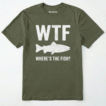 Military Green t-shirt with white text and fish graphic on a white background