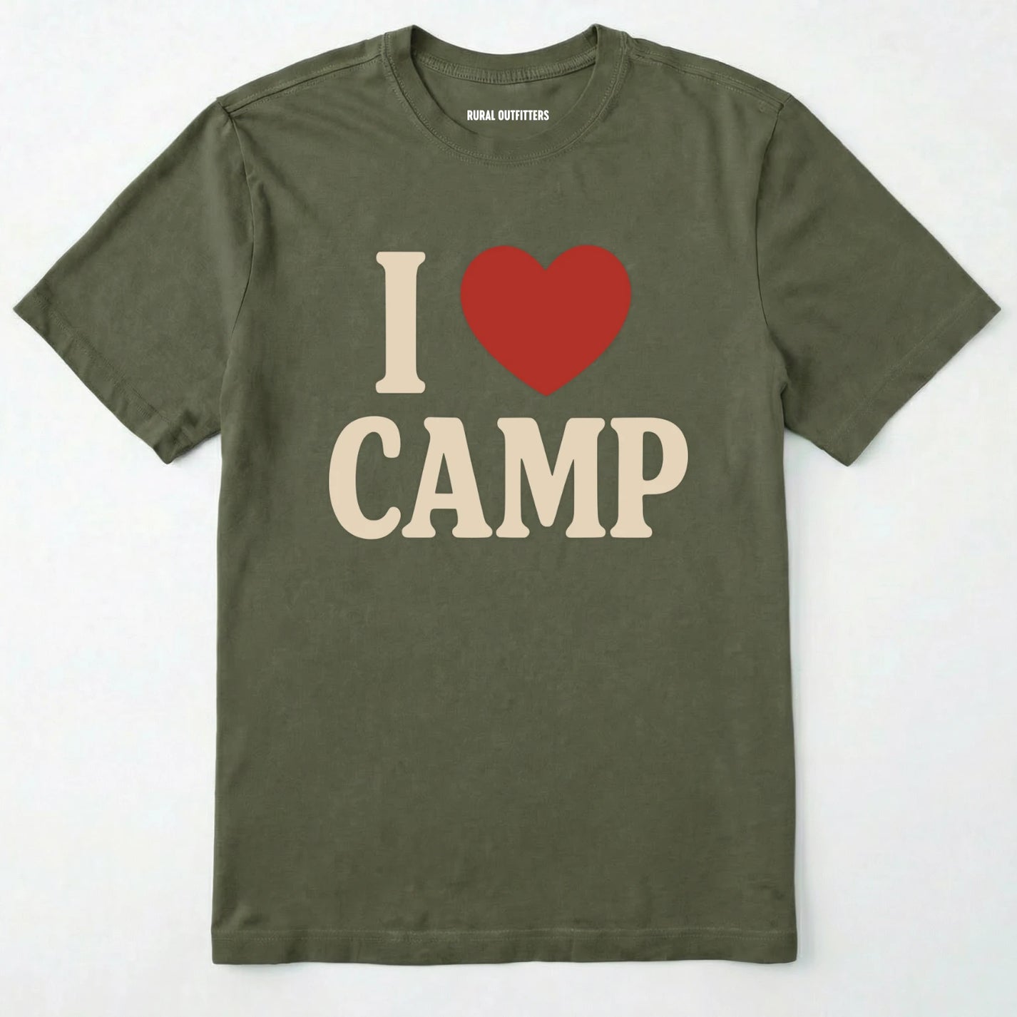 Military Green i love camp t-shirt with bold text and heart design on a white background.