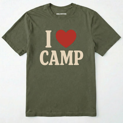 Military Green i love camp t-shirt with bold text and heart design on a white background.