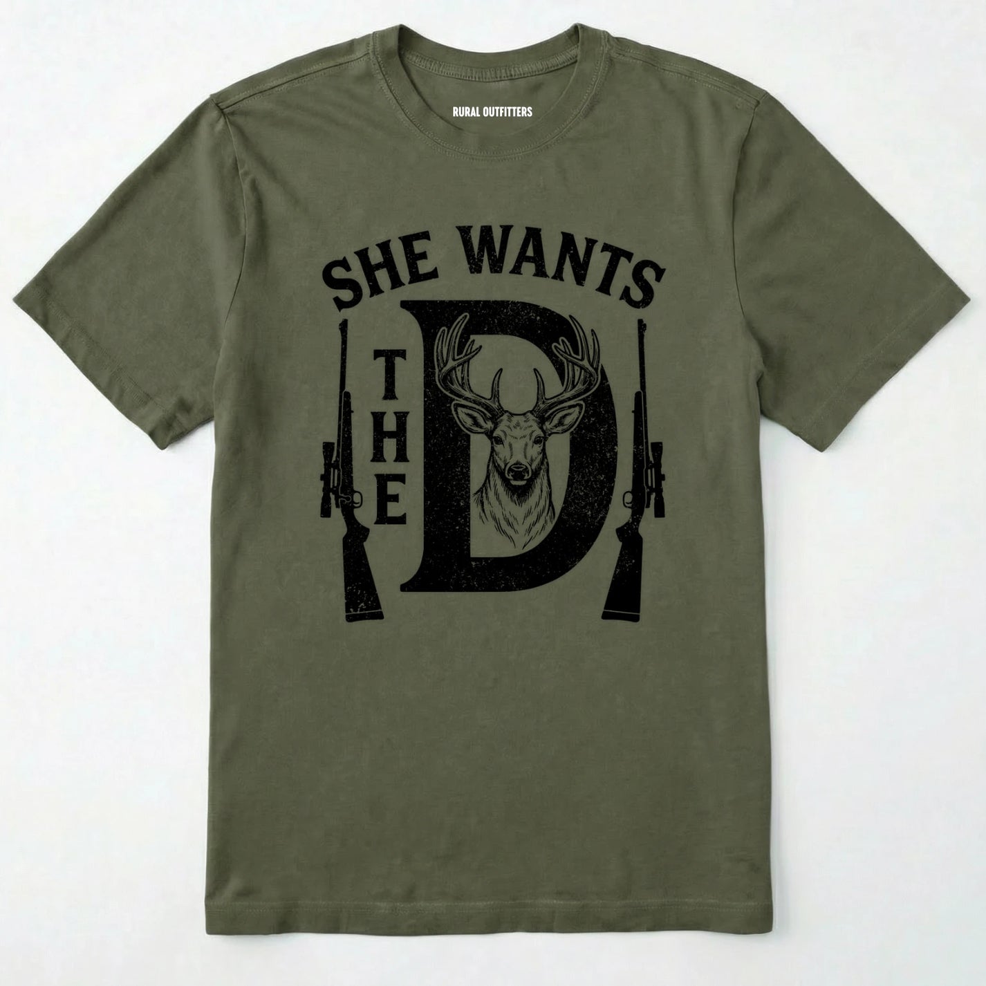 Military Green t-shirt with black graphic design and text on a white background