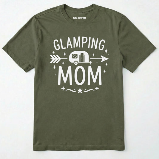 Military Green glamping mom shirt with camper and arrow design on a white background.