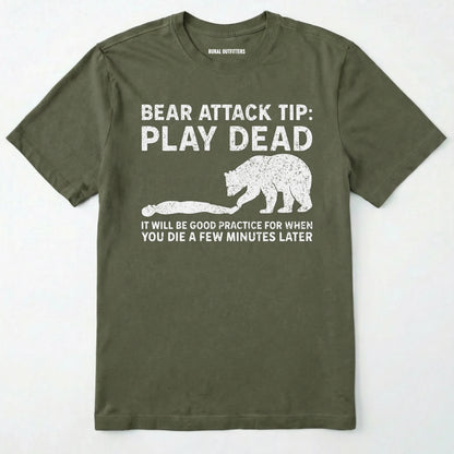 Military Green bear tee shirt with bear attack tip graphic and text on a white background.