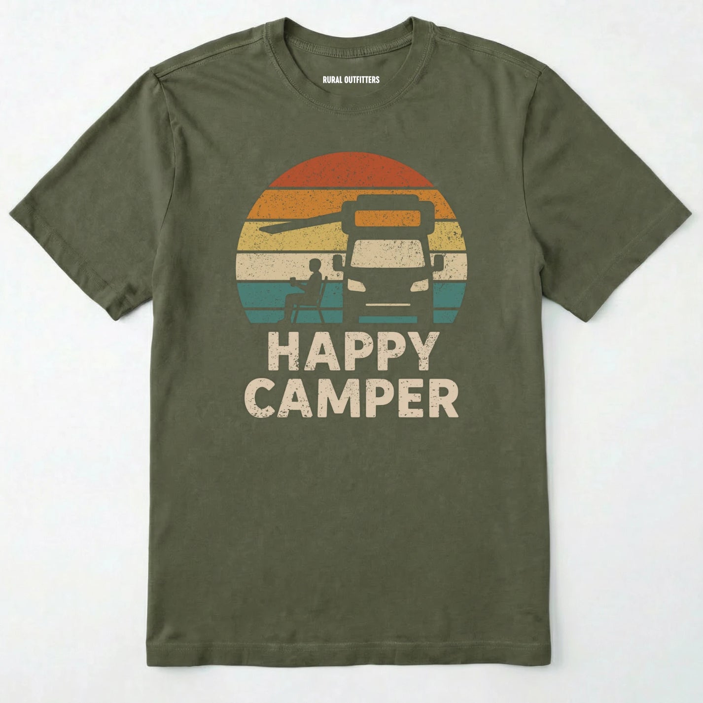 Military Green happy camper shirt with retro rv graphic on a white background.