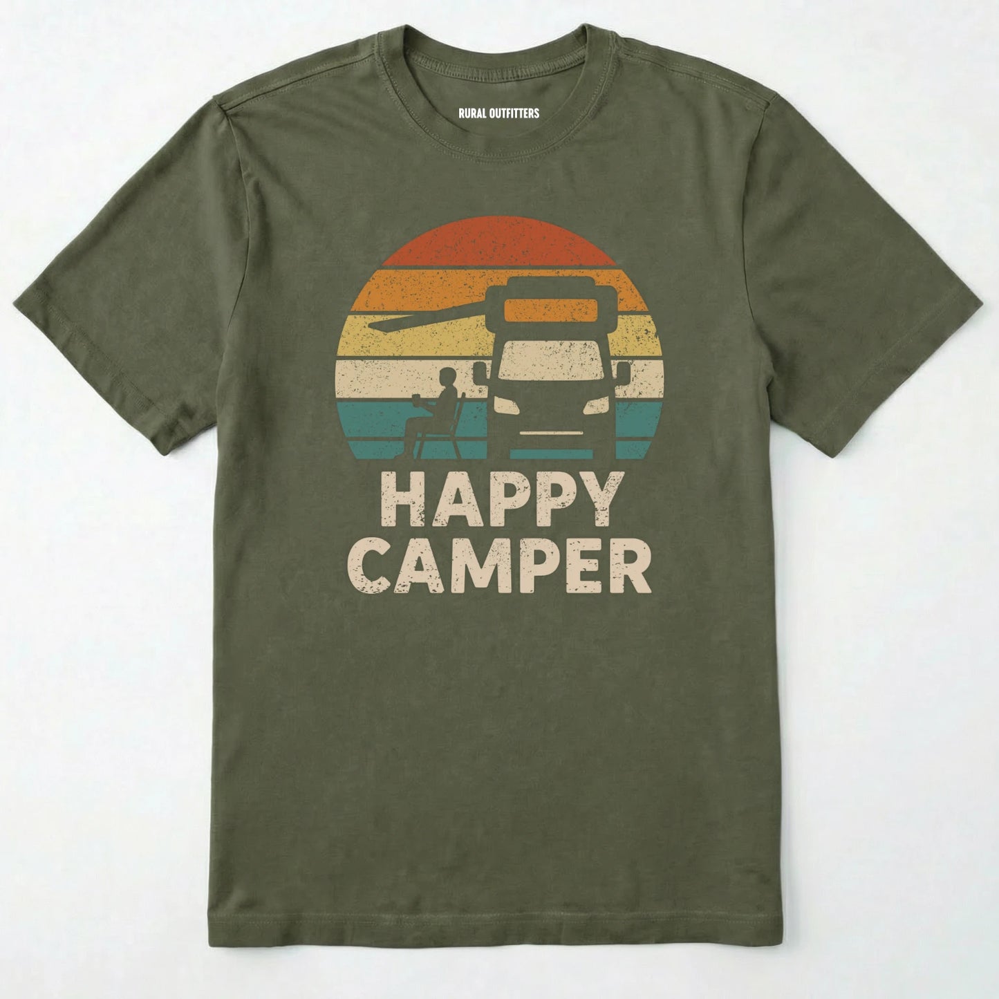 Military Green happy camper shirt with retro rv graphic on a white background.