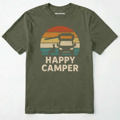Military Green happy camper shirt with retro rv graphic on a white background.