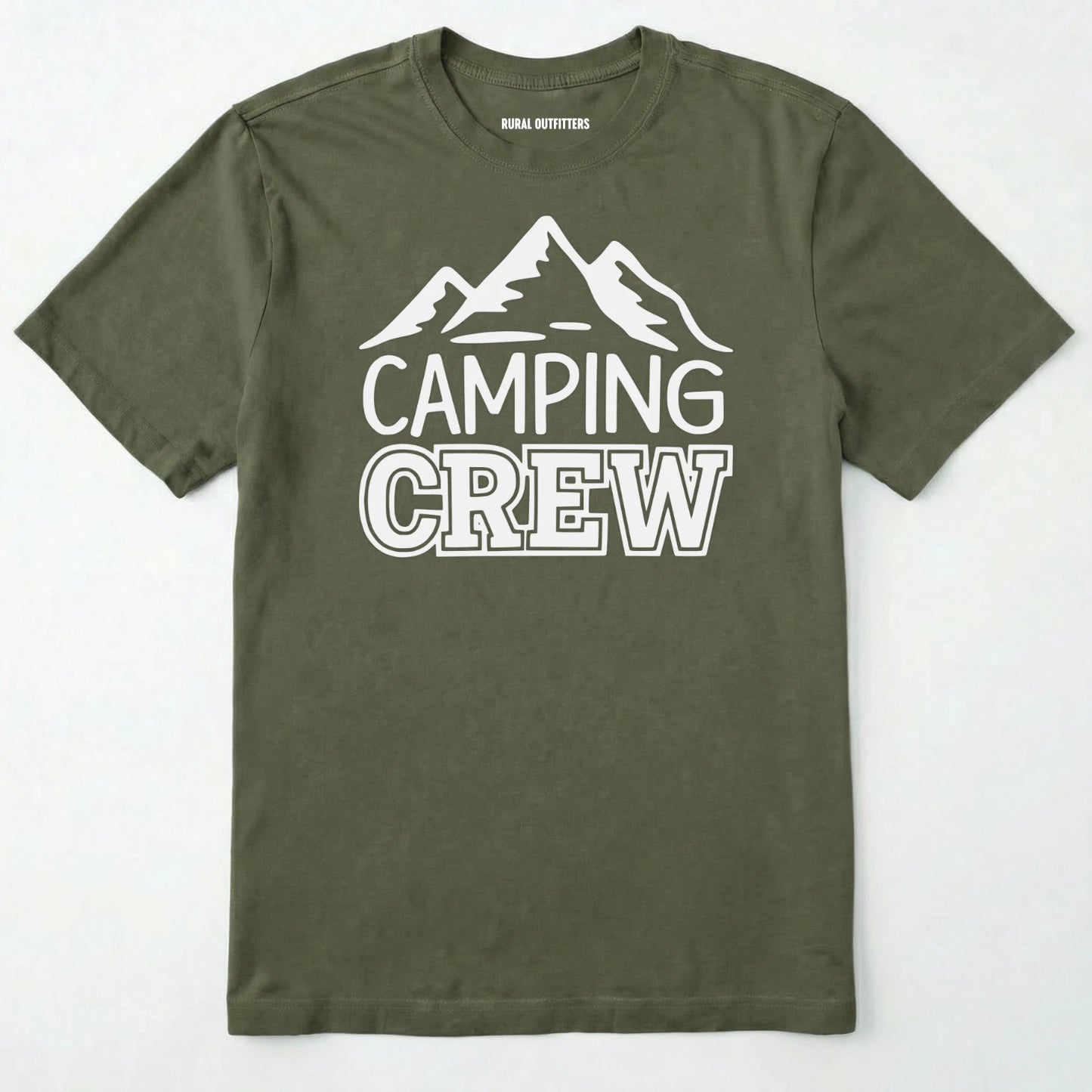 Military Green camping crew t-shirt with 'camping crew' text and mountain graphic.