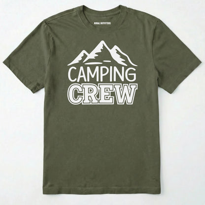 Military Green camping crew t-shirt with 'camping crew' text and mountain graphic.