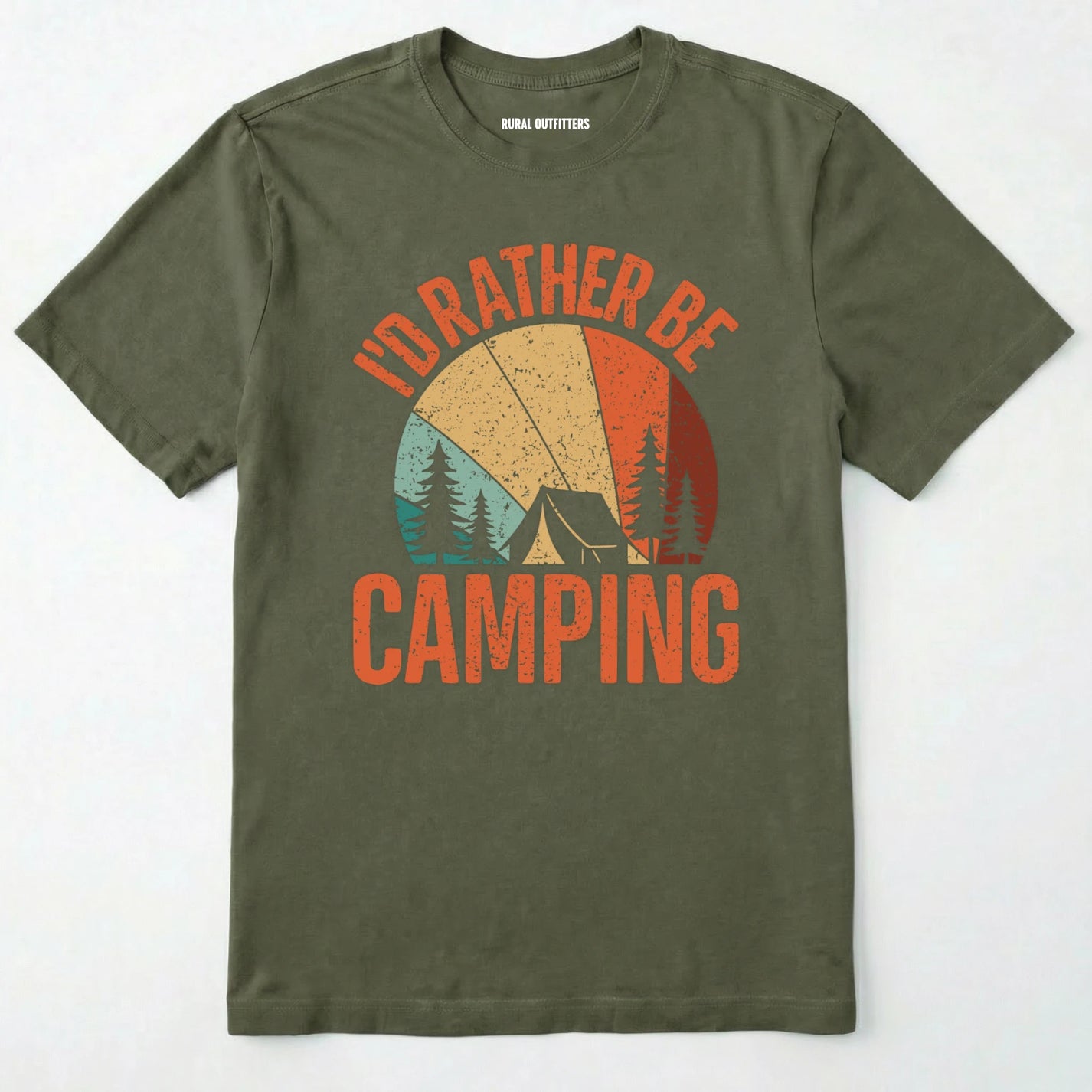 Military Green t-shirt with 'i'd rather be camping' graphic design on a white background