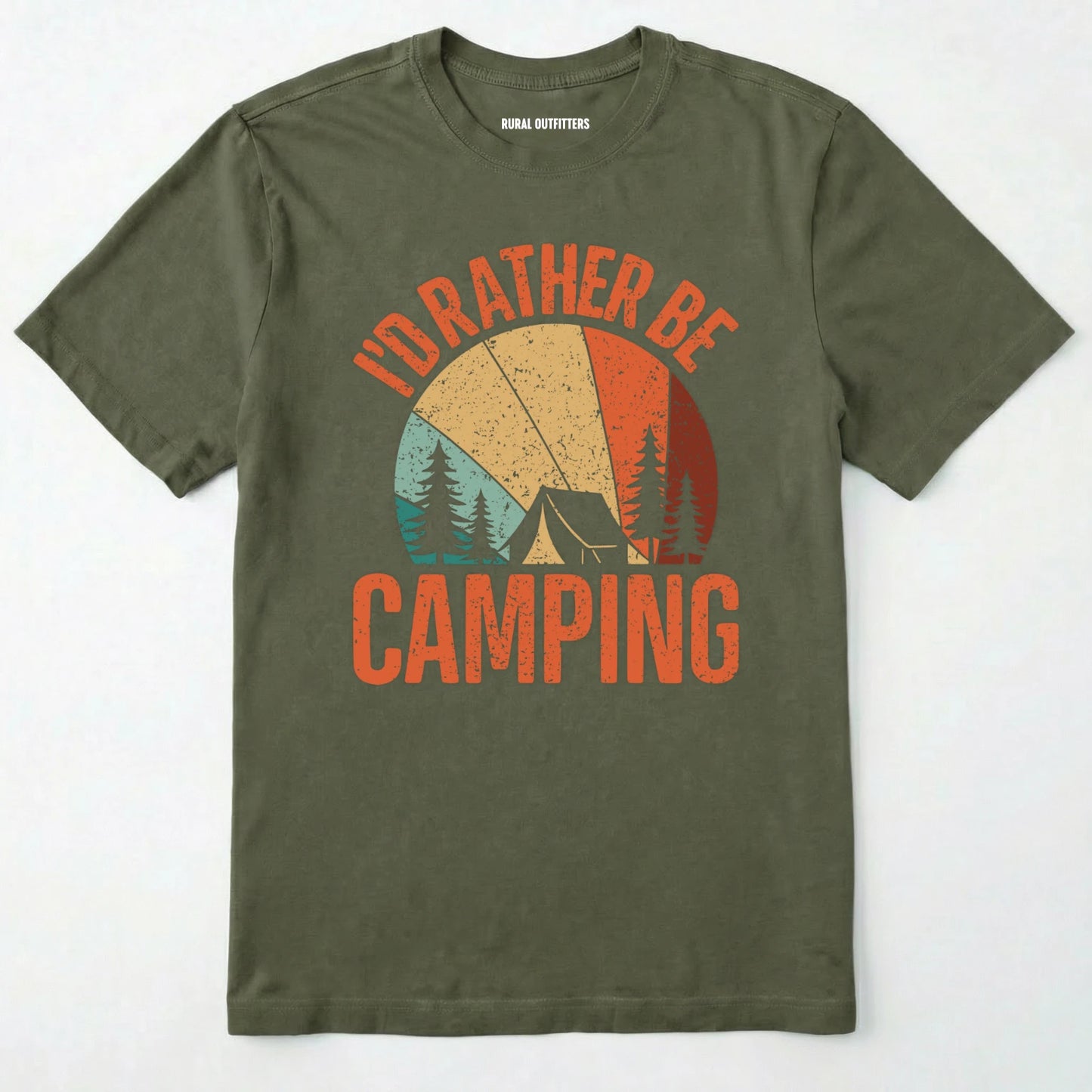 Military Green t-shirt with 'i'd rather be camping' graphic design on a white background