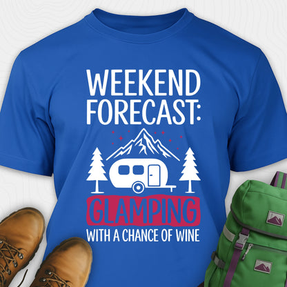 Blue glamping shirt with camping trailer and forest illustration