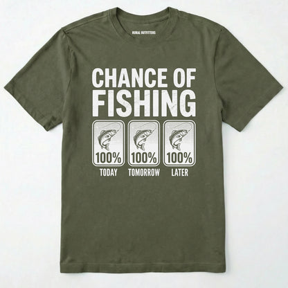 Military Green t-shirt with 'chance of fishing' text and fish illustrations on a white background