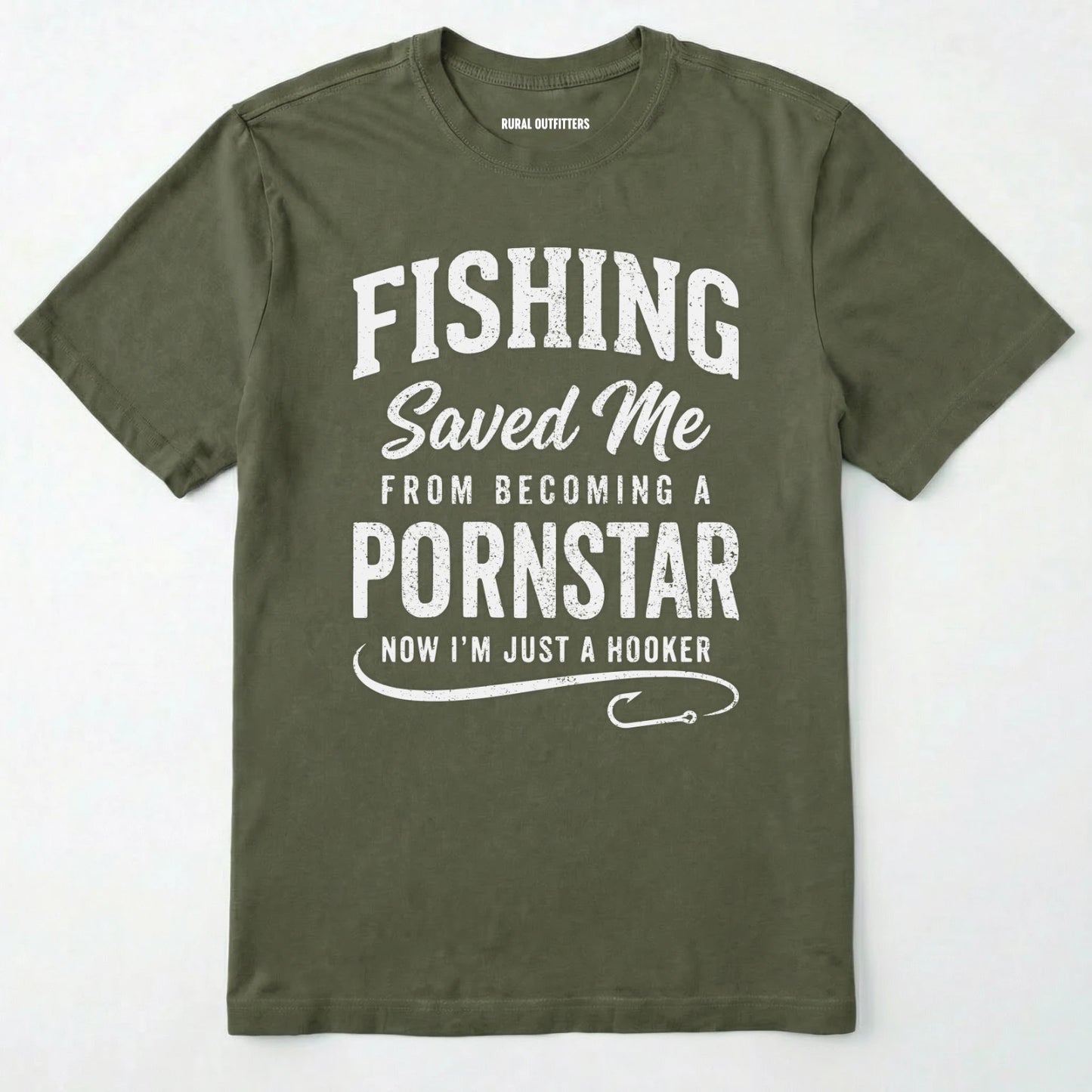 Military Green t-shirt with white text on a white background