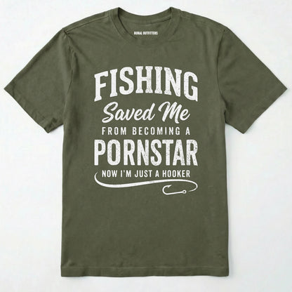 Military Green t-shirt with white text on a white background