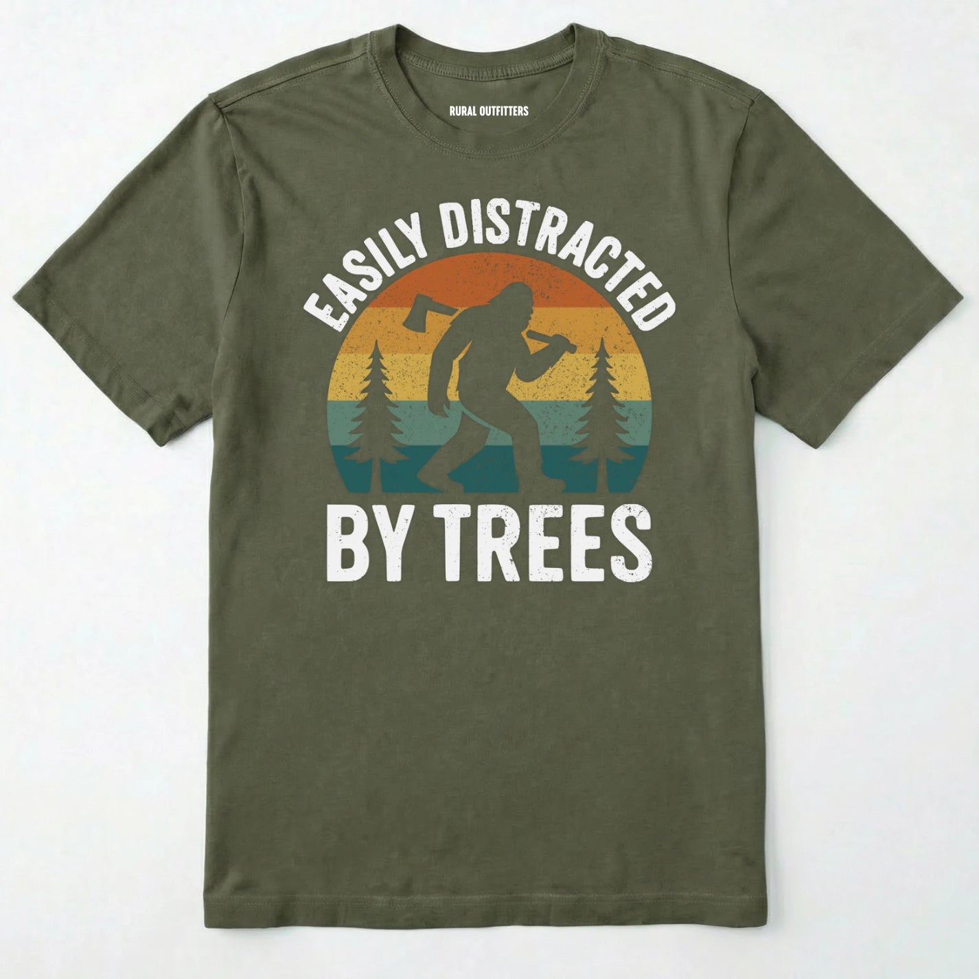Military Green funny sasquatch shirt featuring bigfoot silhouette and trees on a white background.