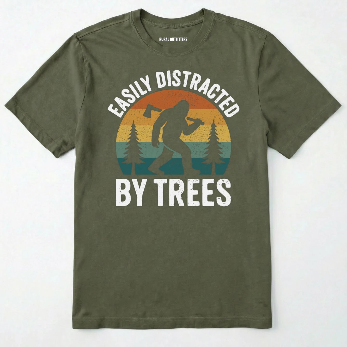 Military Green funny sasquatch shirt featuring bigfoot silhouette and trees on a white background.