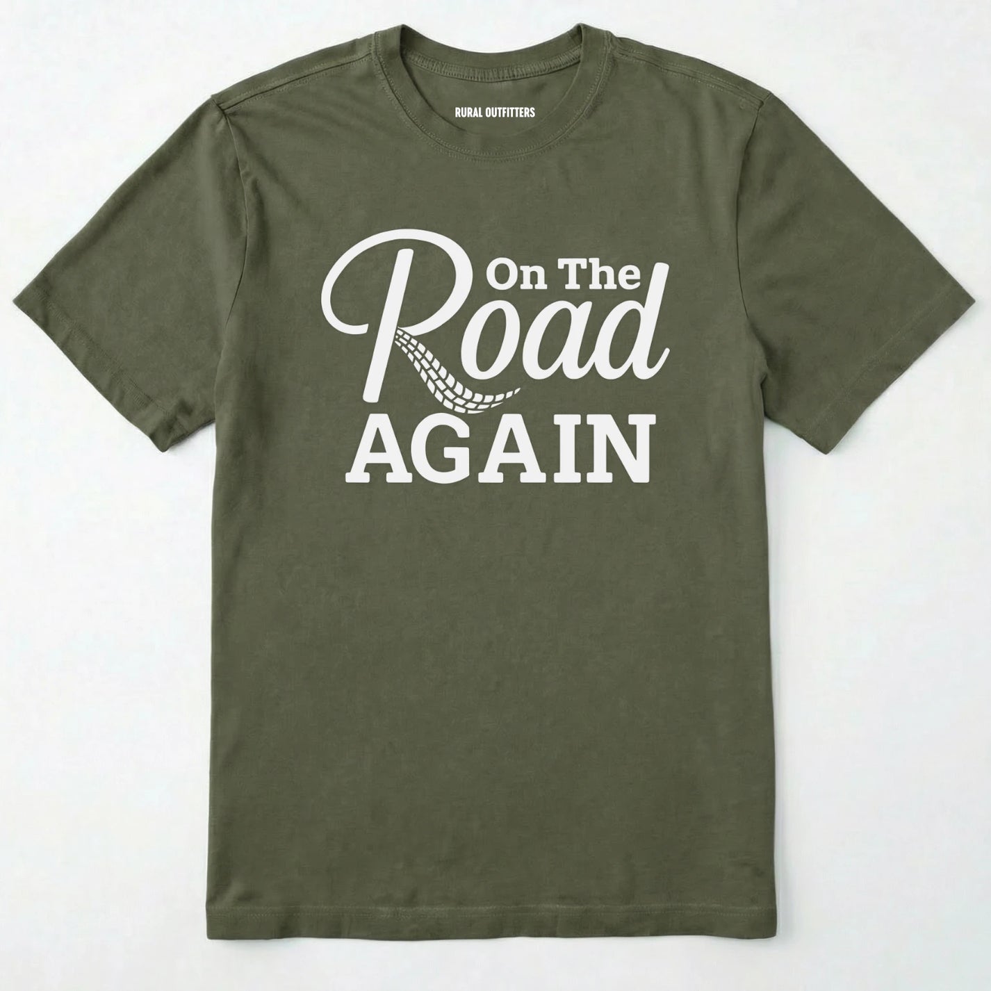 Military Green road trip t-shirt with ⊜on the road again⊝ text on a white background.