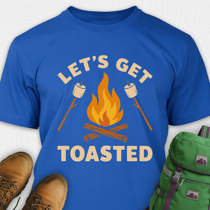 Blue let’s get toasted shirt with campfire and roasting marshmallow graphic