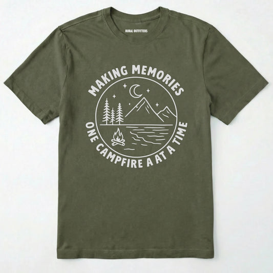 Military Green making memories t-shirt with mountains and moon graphic on a white background.