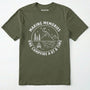 Military Green making memories t-shirt with mountains and moon graphic on a white background.